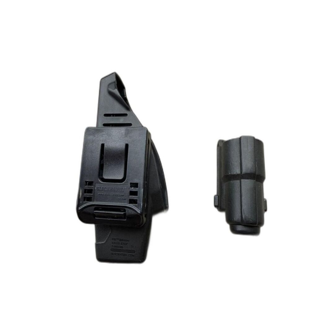 Durable black phone holster with matching belt clip. Secure, molded design for r